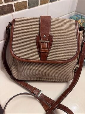 Etienne Aigner Tan Canvas and Brown Leather Crossbody Bag